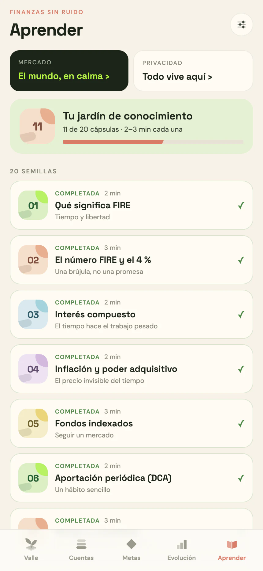 Learn screen — twenty capsules with completion state and a knowledge-garden progress bar.