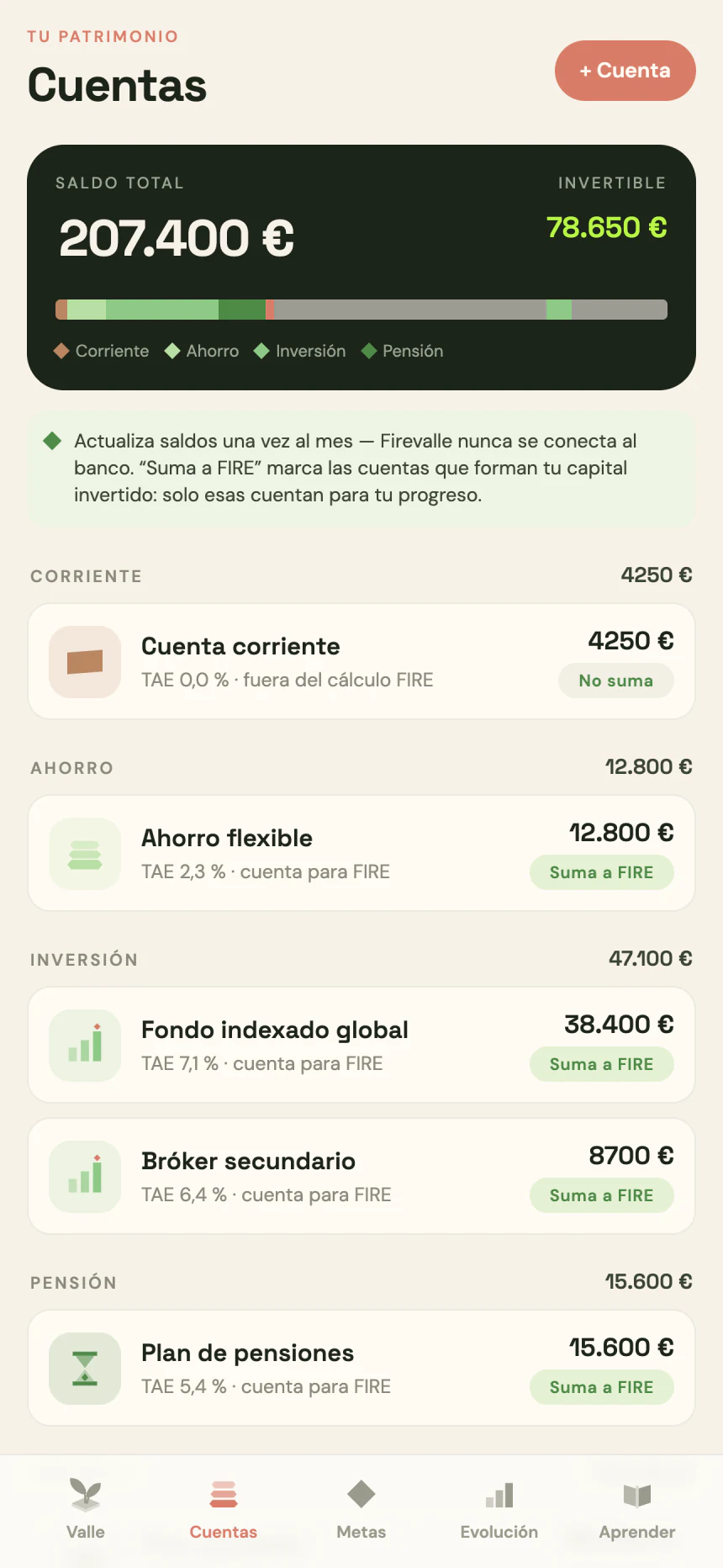 Accounts screen — balances grouped by type, each one marked as counting towards FIRE or not.