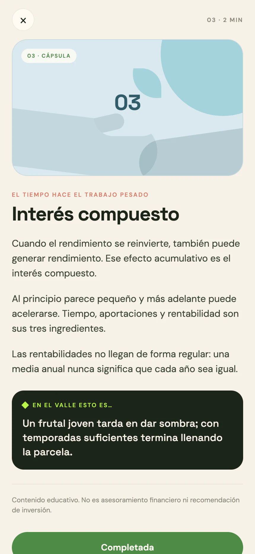 A capsule on compound interest, ending with the in-valley analogy.