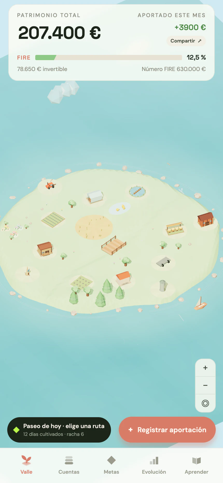 Firevalle home screen at midday — the low-poly island with its plots and the net worth card on top.