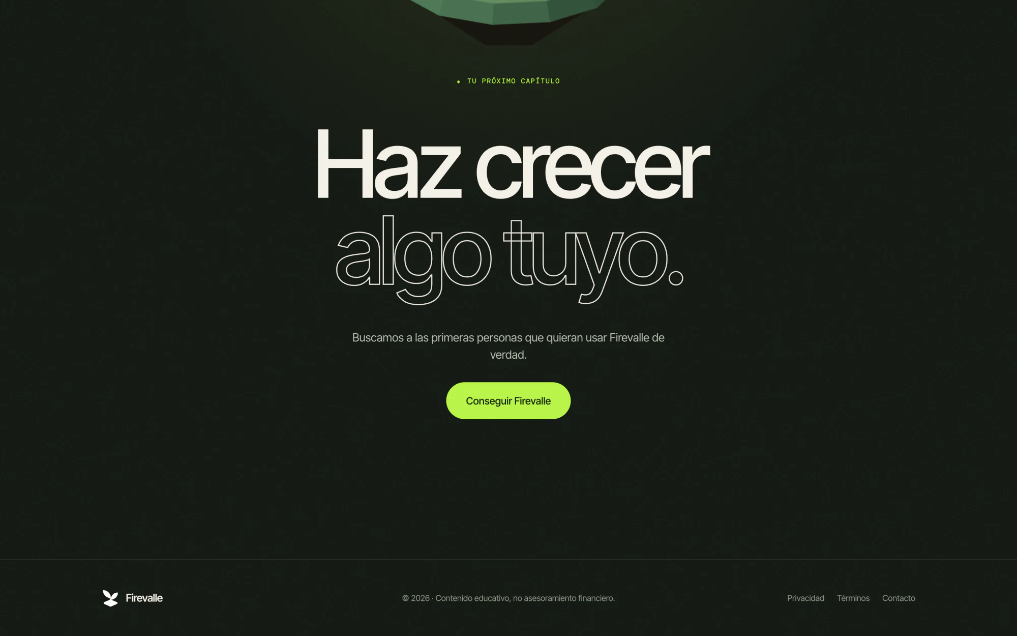 The site's closing frame — 'Haz crecer algo tuyo' under a small lit island at night.