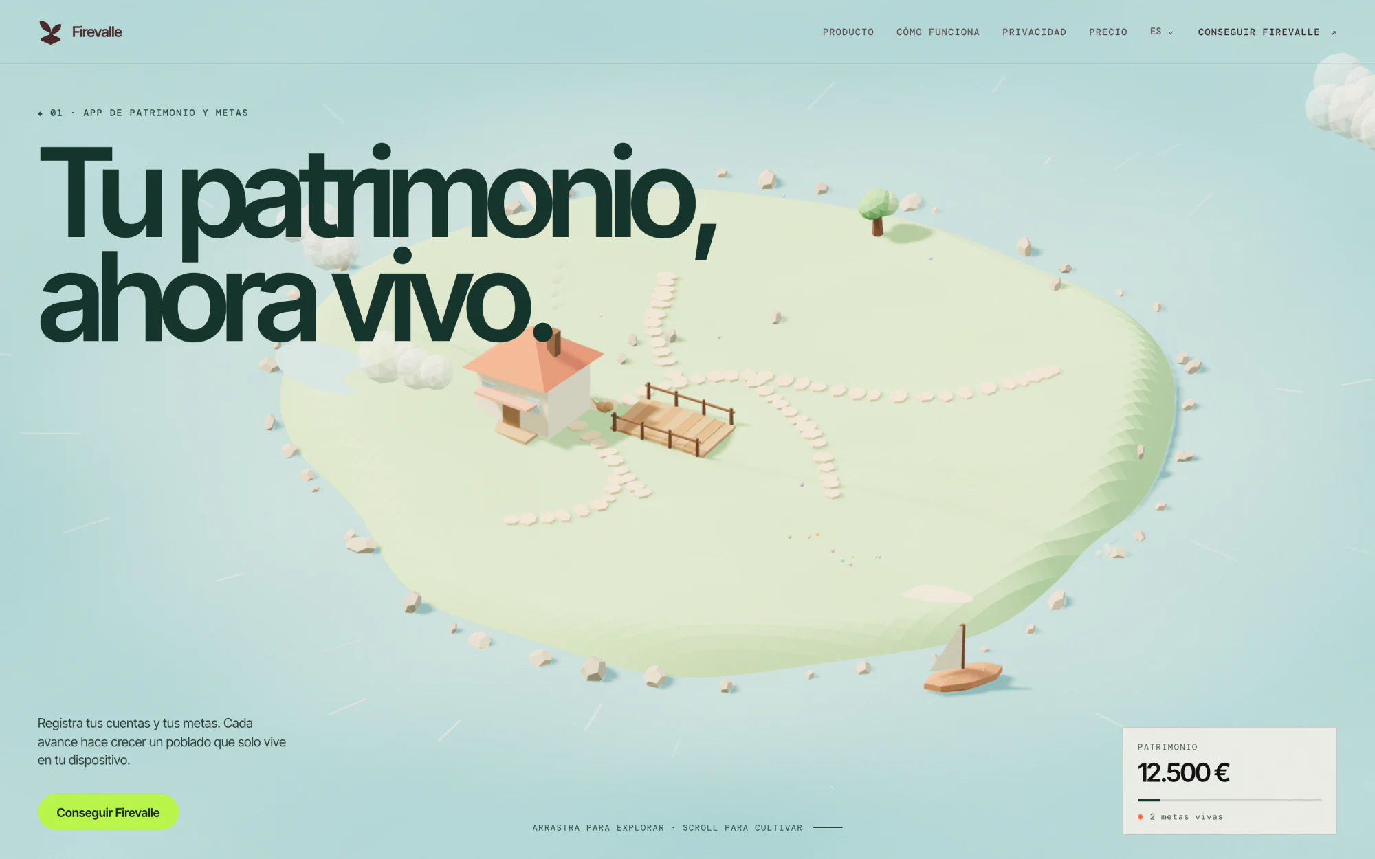 Firevalle landing hero — the island full-bleed with 'Tu patrimonio, ahora vivo' set into the scene.