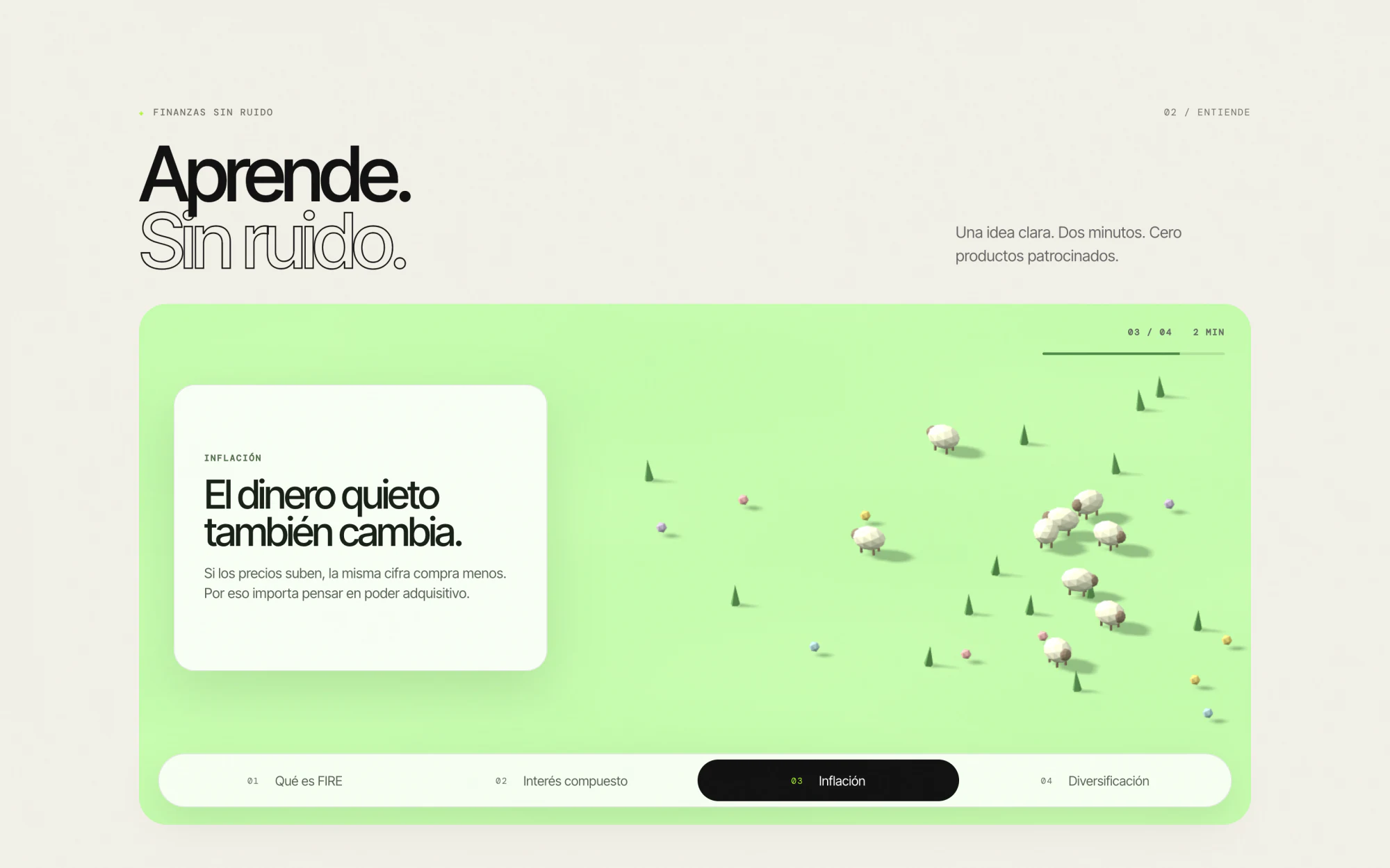 Learning section — a tabbed capsule about inflation over a live low-poly field with sheep.