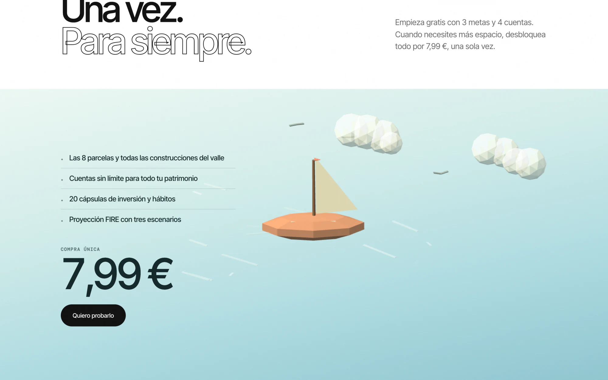 Pricing section — one-off 7,99 € beside an animated low-poly sailboat.