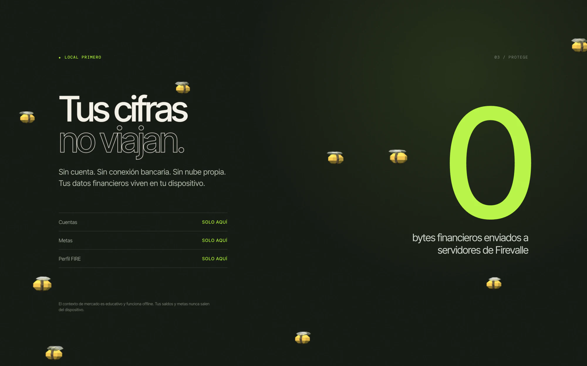 Privacy section — 'Tus cifras no viajan' next to a giant lime zero, with low-poly bees floating in the dark.