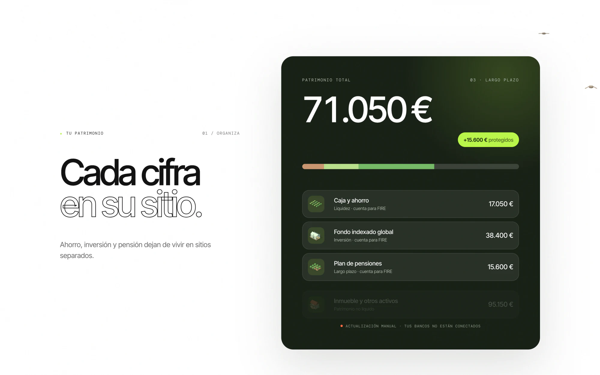 Wealth section — 'Cada cifra en su sitio' beside a dark card listing accounts as they light up.