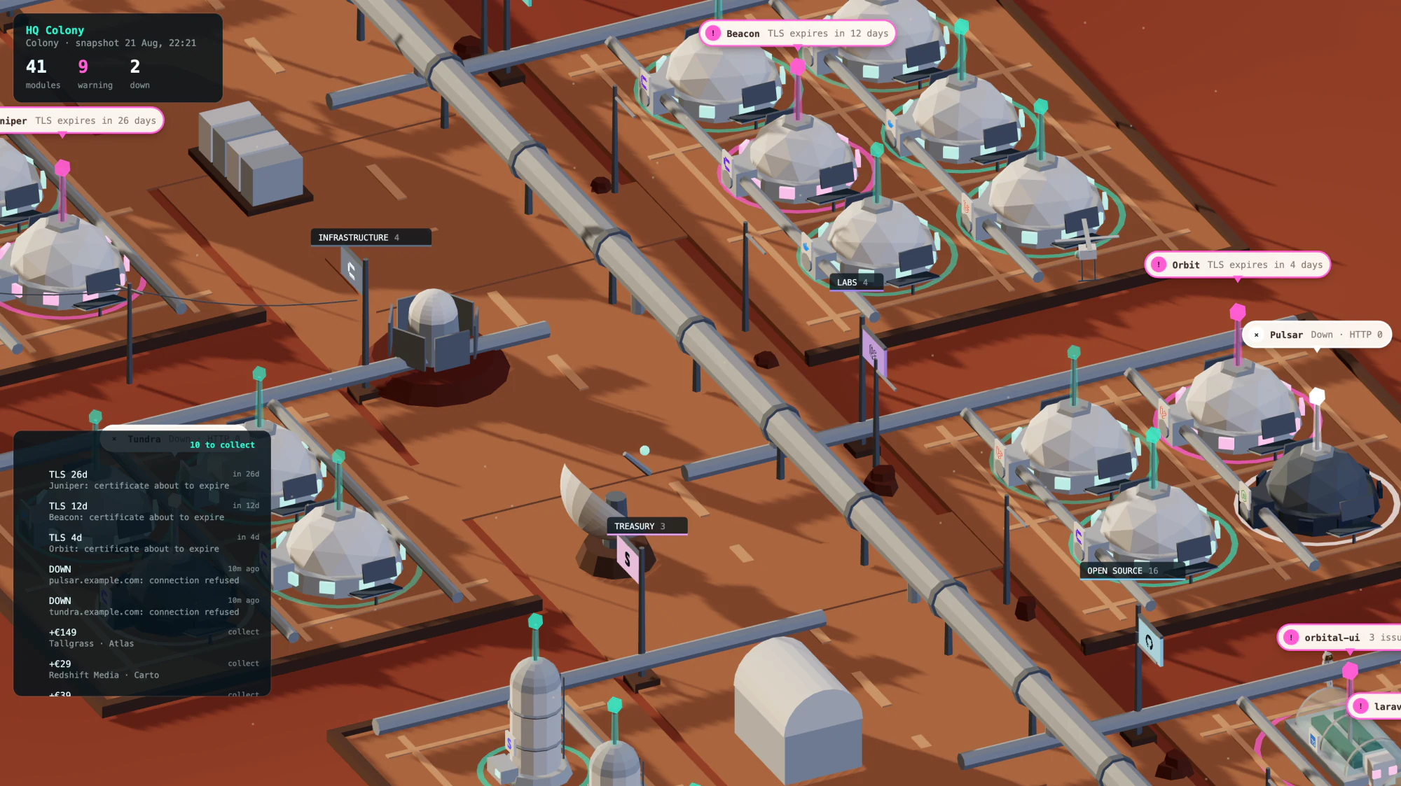 The colony's central avenue, with habitat domes and greenhouses along a pressurised pipeline