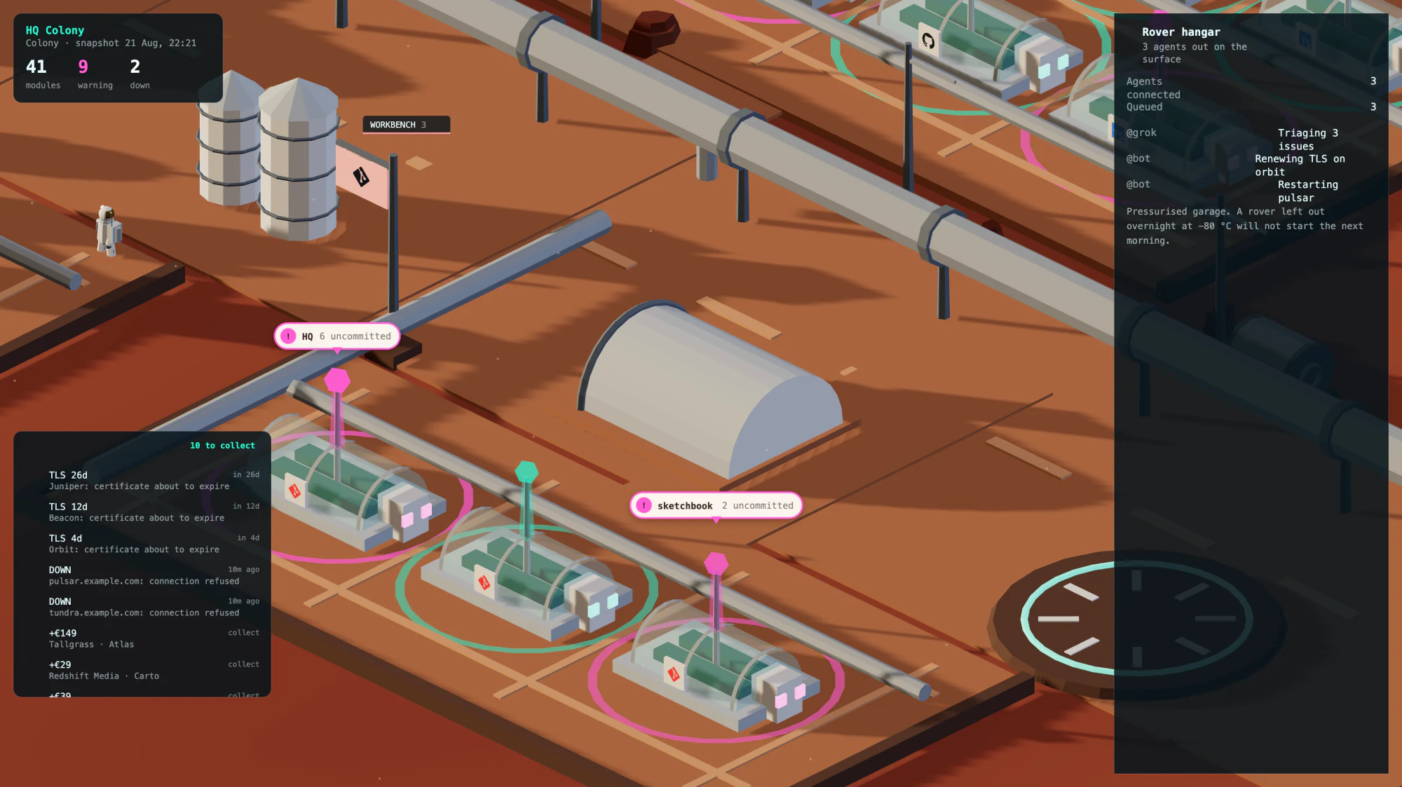 The rover hangar panel listing which agents are working and on what
