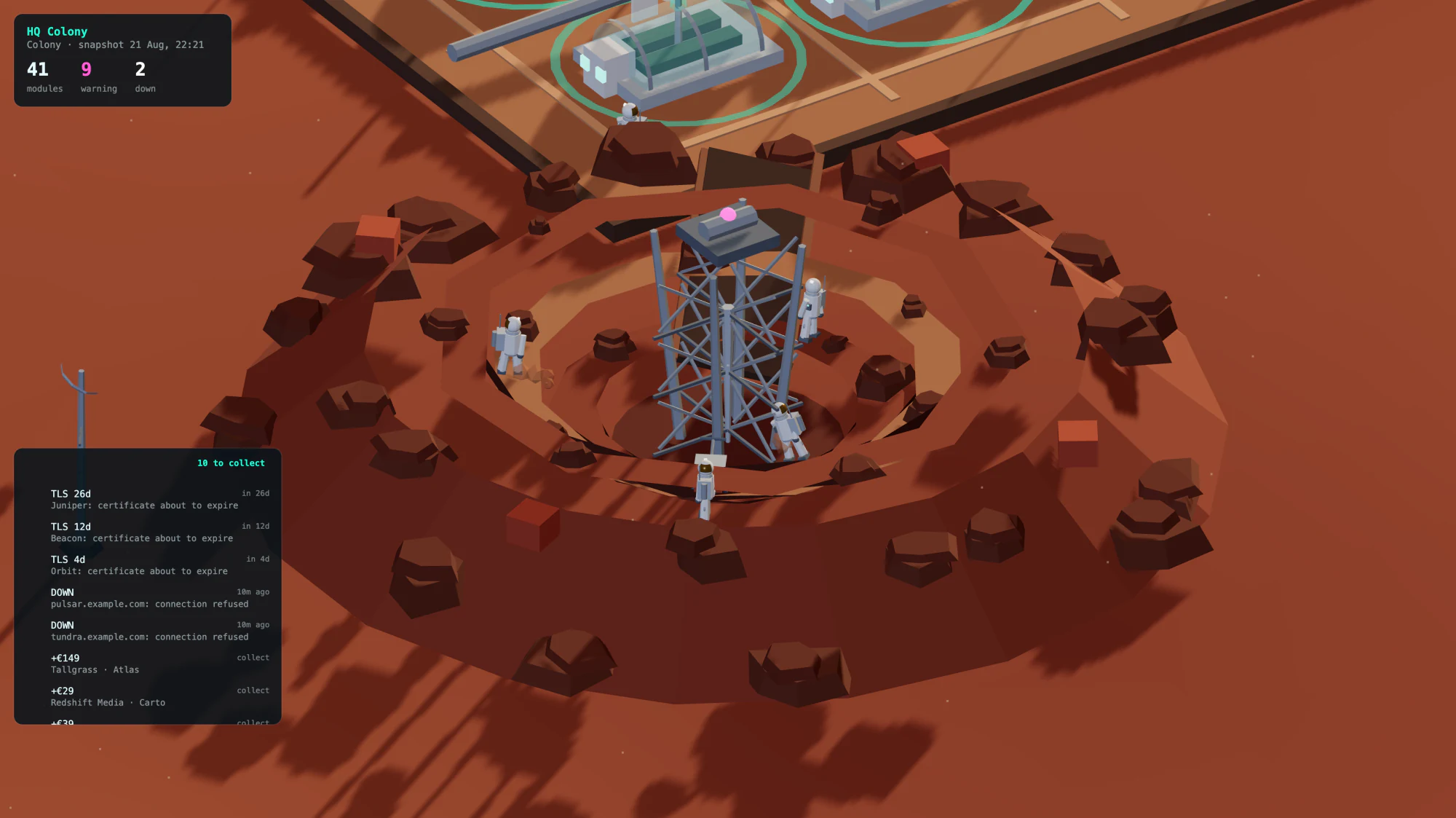 An open-pit quarry with terraced benches, a drill rig and astronauts working the face