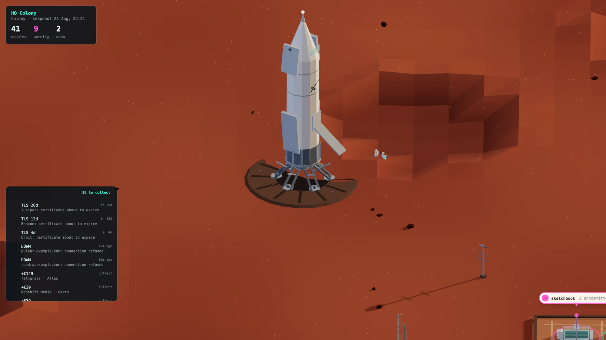 A cargo ship standing on its landing legs on a sintered pad, with two astronauts beside it for scale