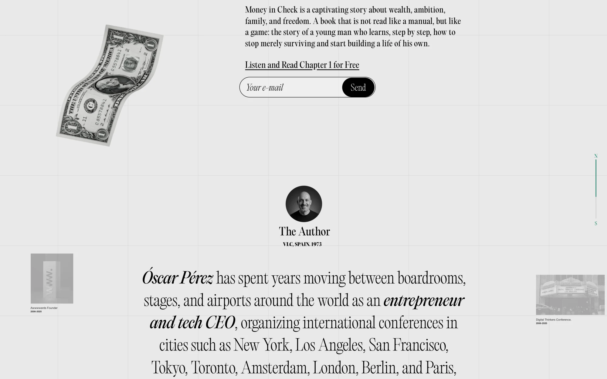 About the author — an editorial spread with career artefacts in the margins.