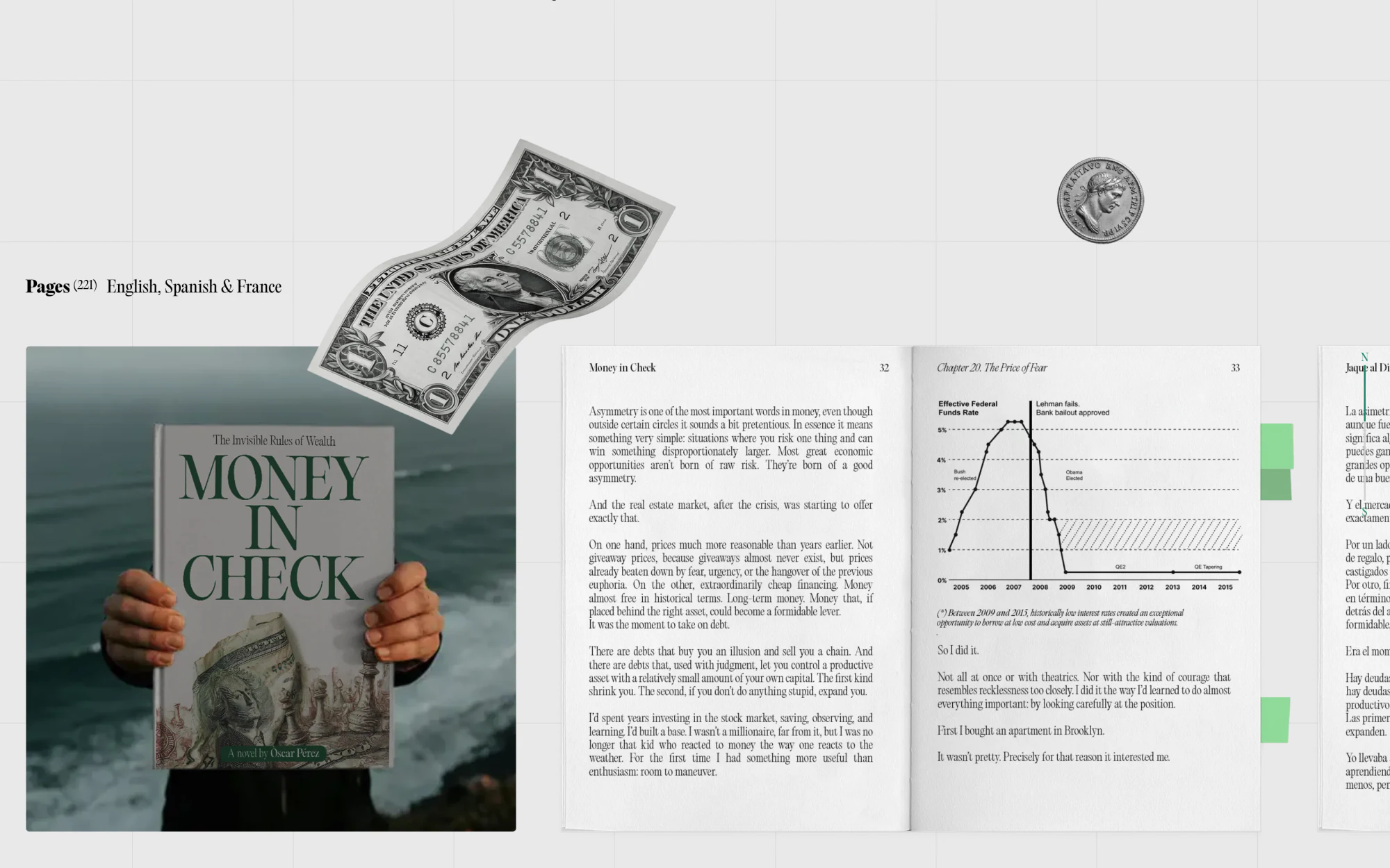 The book section — cover held in hand, a page-flip carousel of interior spreads, and multi-format pricing.