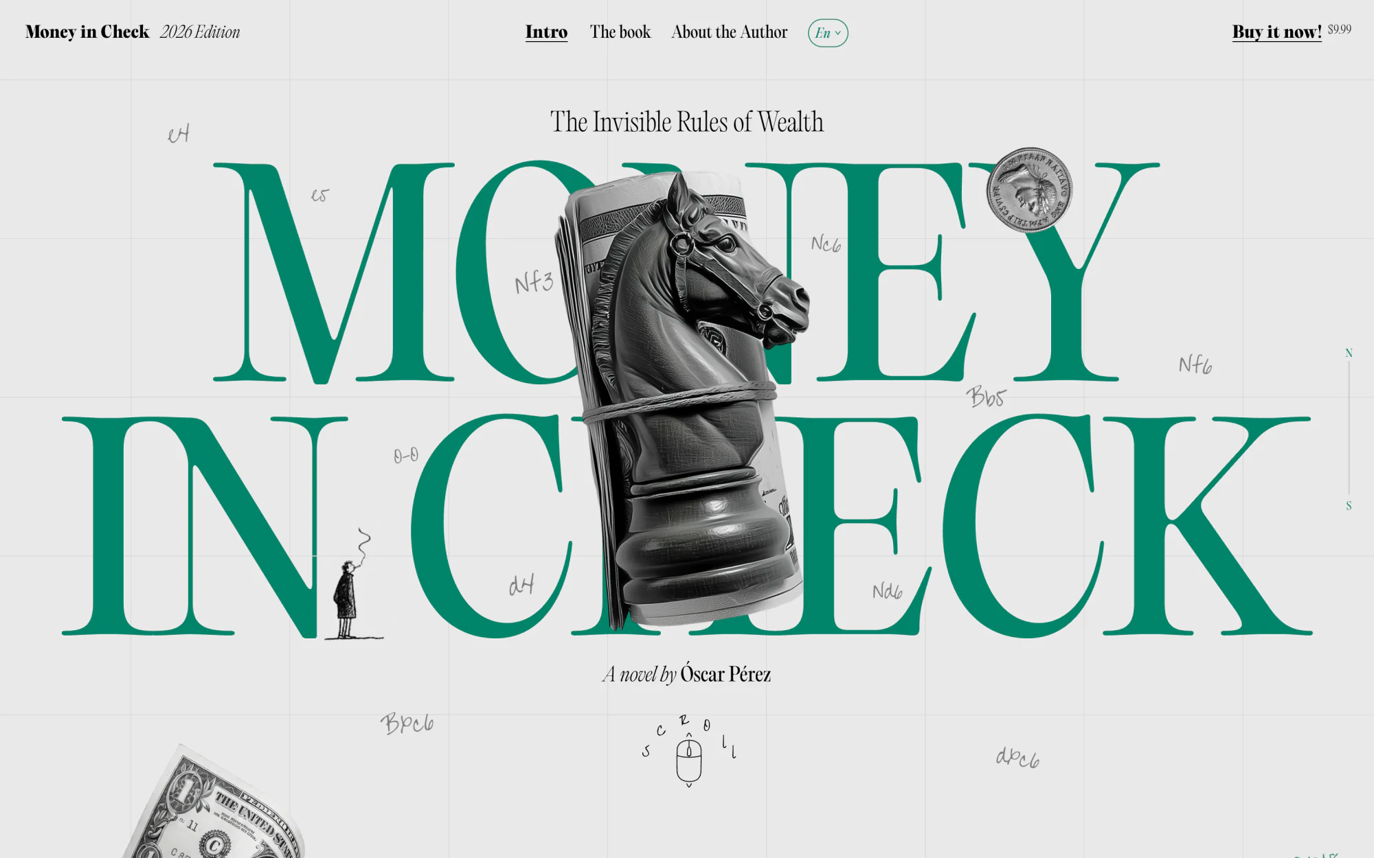 Money in Check opening frame — a chess knight sculpted from banknotes behind the towering serif headline.