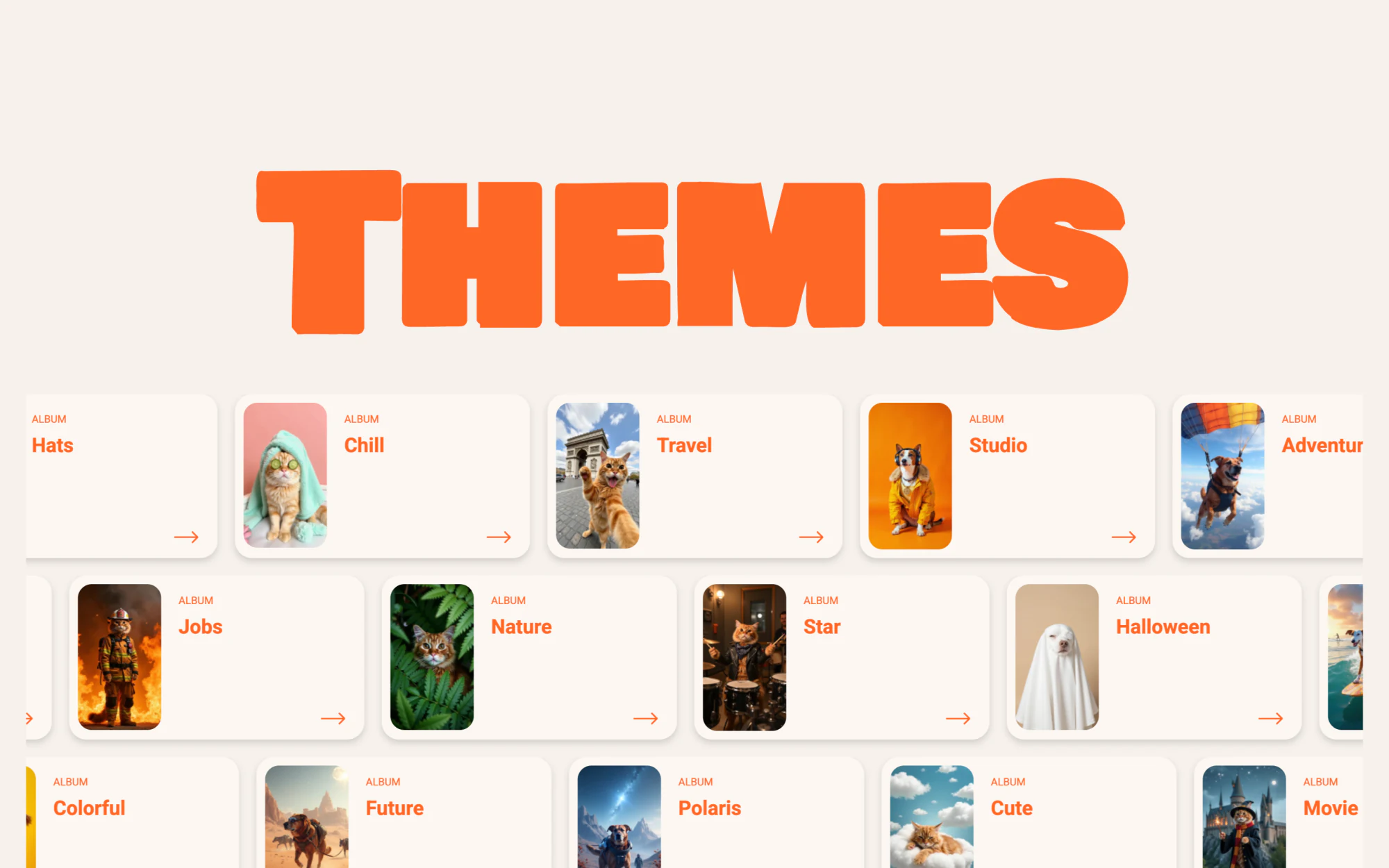 Themes — a rail of forty-plus themed albums, from Chill and Travel to Halloween.