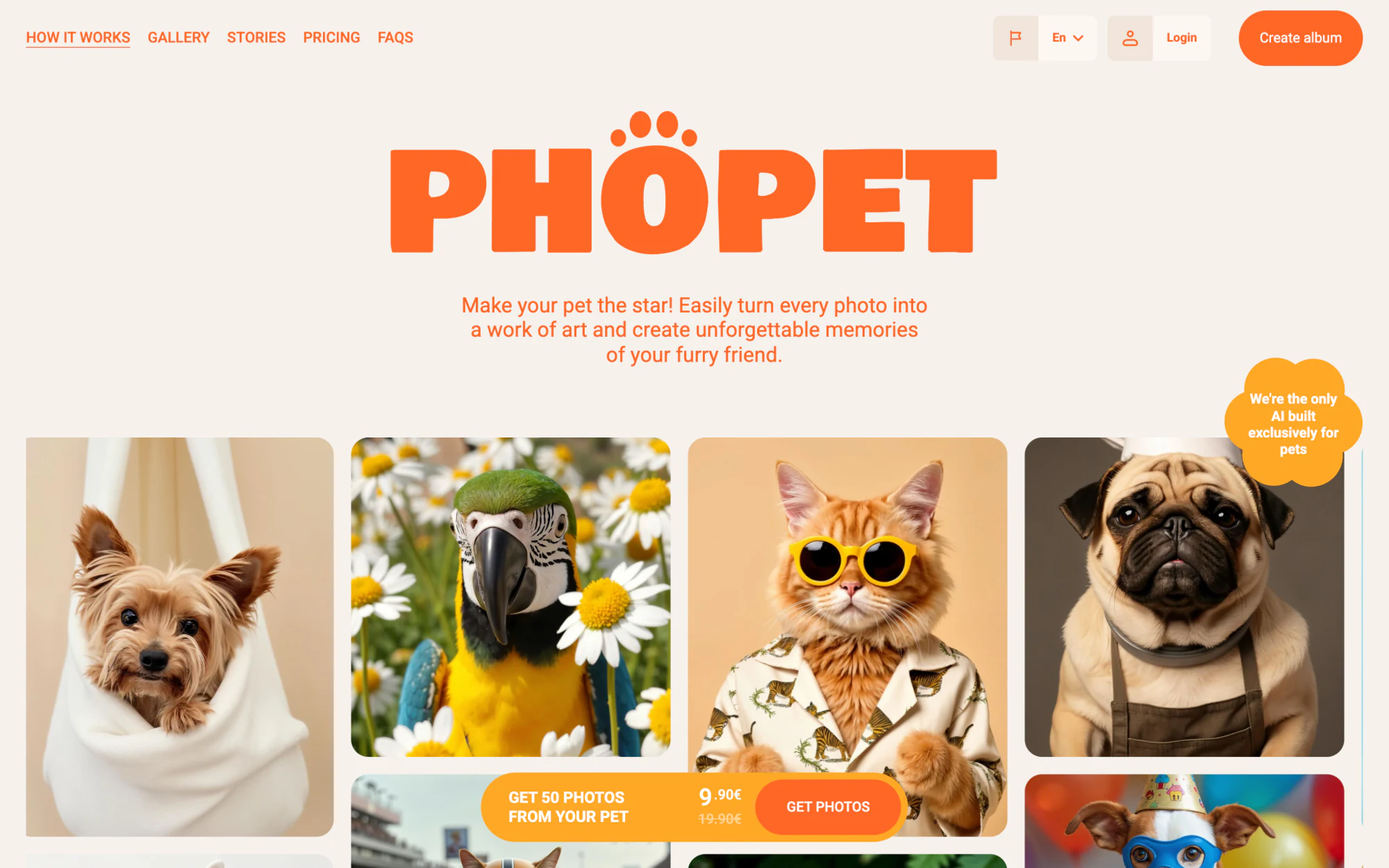 Phopet landing — the paw-marked logo over a masonry wall of AI pet portraits.