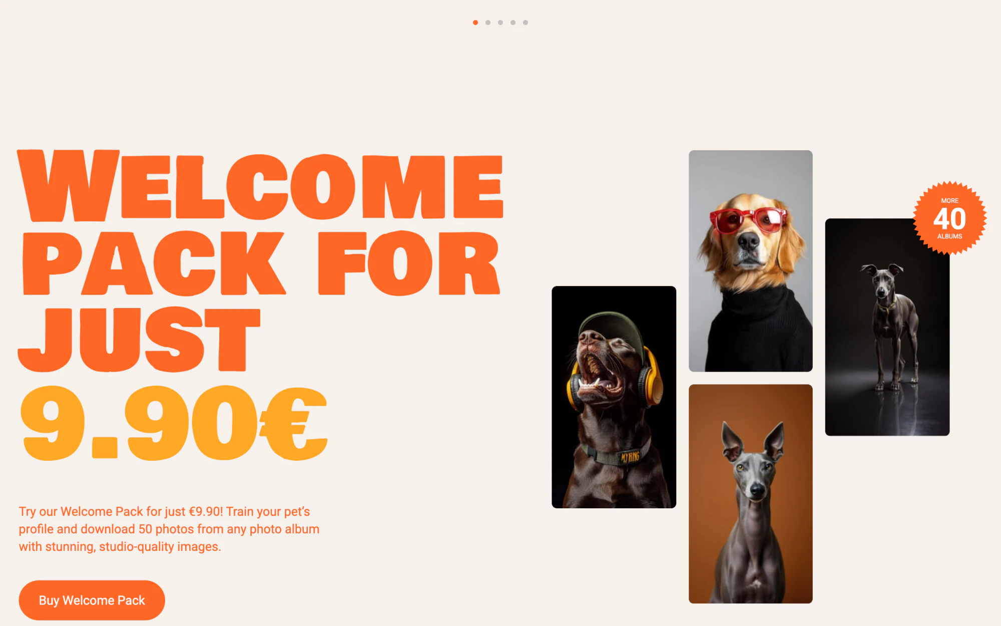 Pricing — the welcome pack: fifty photos for 9.90€, one payment, no subscription.