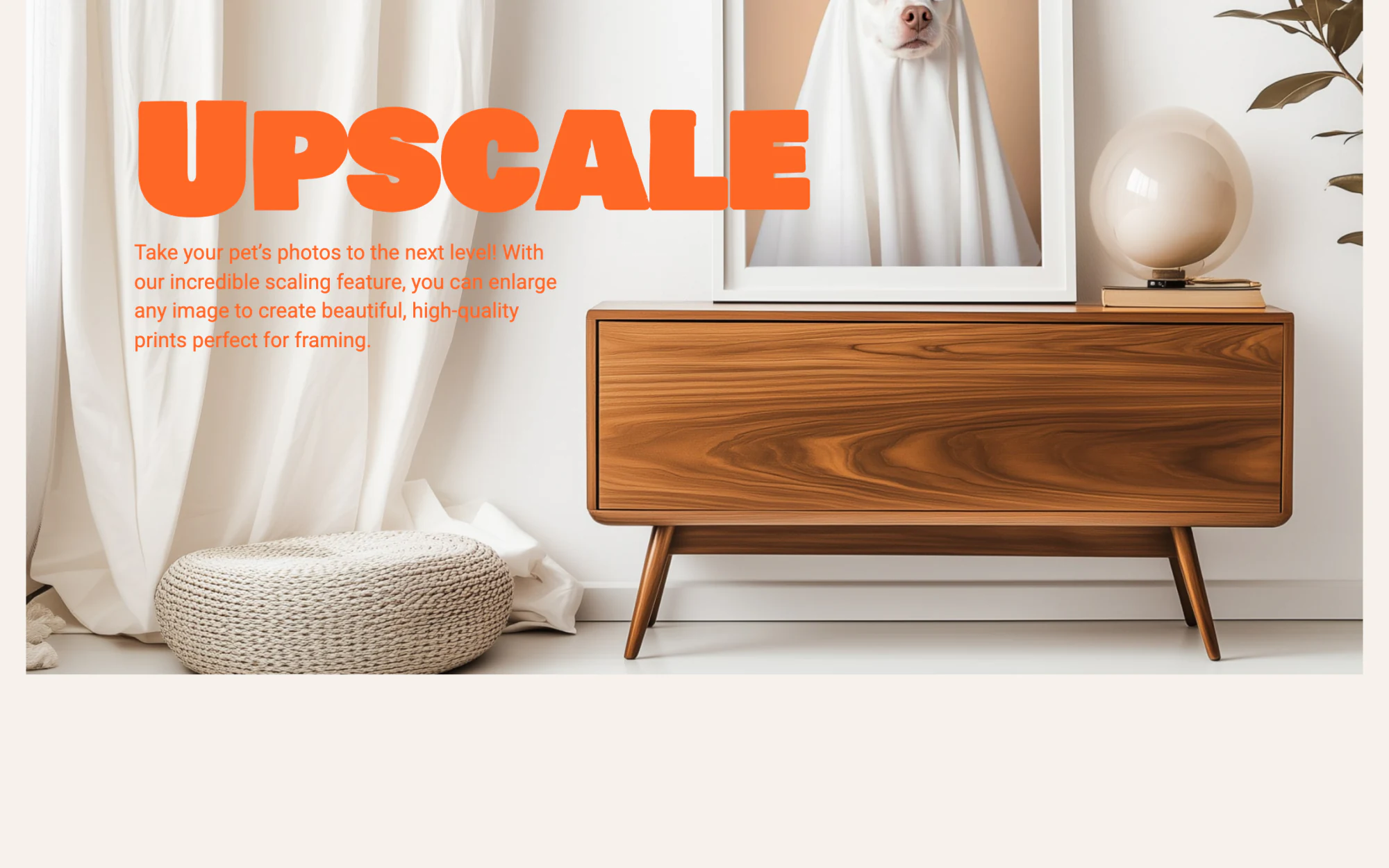 Upscale — a framed Phopet portrait hanging over a sideboard, print quality.