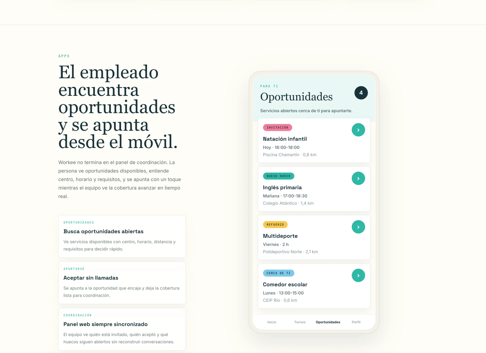 The mobile app — an opportunities feed with state chips, schedule and distance, one-tap sign-up.