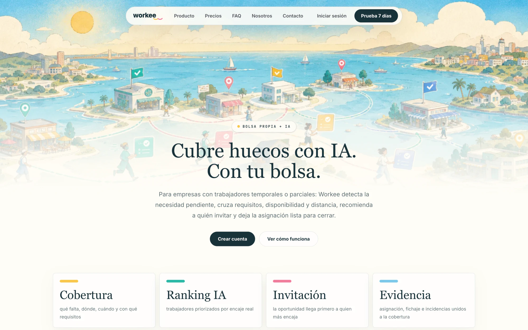 Workee landing — a watercolor archipelago of workplaces under the headline 'Cubre huecos con IA. Con tu bolsa.'